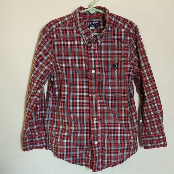 Chaps Red White & Green Plaid Button-Down Shirt Long-Sleeve Cotton Boys Size 7 - Picture 1 of 4